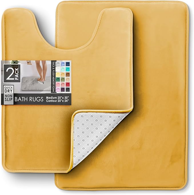 Clara Clark 2 Piece Bathroom Rugs, Velvet Memory Foam Bath Mat Set, Non-Slip Bath Rugs, Machine Wash, Dries Quickly, Ultra Soft Plush Bath Mats for Bathroom, 20 x 32 + Contour, Camel Gold