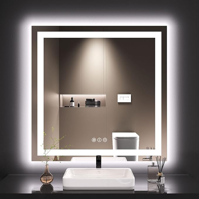 LOAAO 36"X36" LED Bathroom Mirror with Lights, UL Listed | Anti-Fog, Dimmable, 3 Color Temperature, Backlit + Front Lit, Memory Function, Tempered Glass