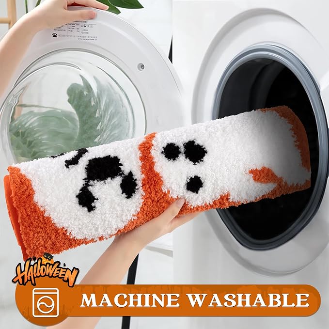 Pauwer Halloween Bathroom Rugs Sets 3 Piece, Fall Bath Mats, Orange Ghost | Spooky, Microfiber, U-Shaped Contour Toilet Rug, Soft Plush Absorbent, Quick Dry, Non Slip Washable Bath Mat Set