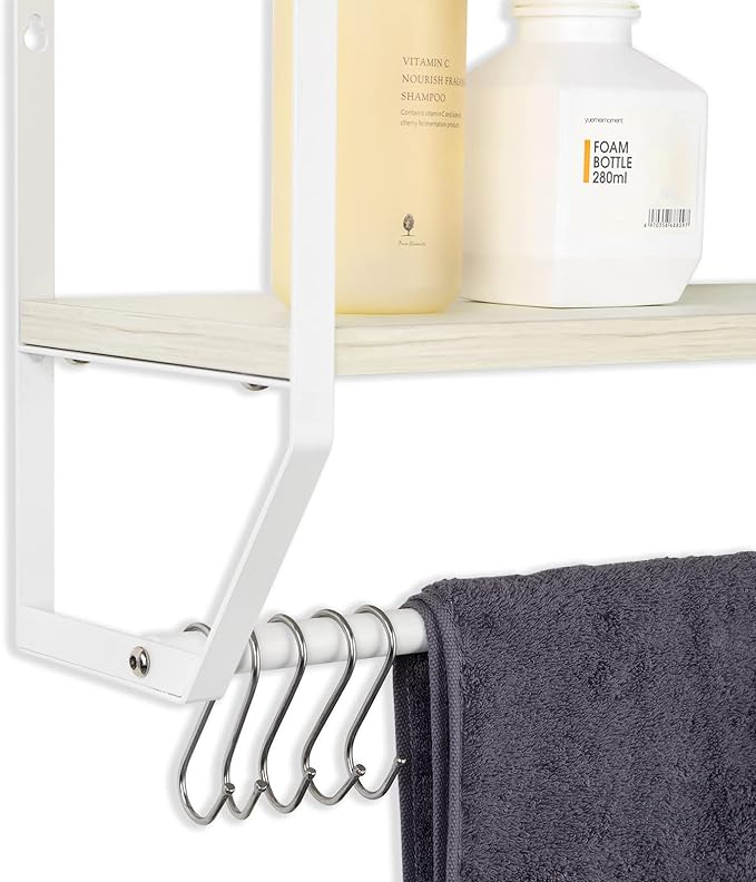 OYEAL Bathroom Shelf with Towel Bar Wall Mounted Towel Rack Rustic Towel Shelf for Bathroom with 5 Hooks, 2 Tier Shelf Storage Organizer for Living Room, Kitchen, Bedroom, White