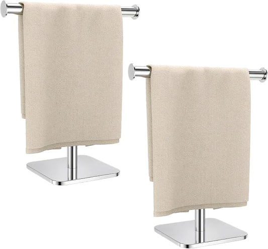 RUACQ T-Shape Hand Towel Holder Stand, Weighted Base Towel Rack, 12" Countertop Towel Holder for Bathroom, 304 Stainless Steel, Heavy Duty (Chrome, 2 Pack)