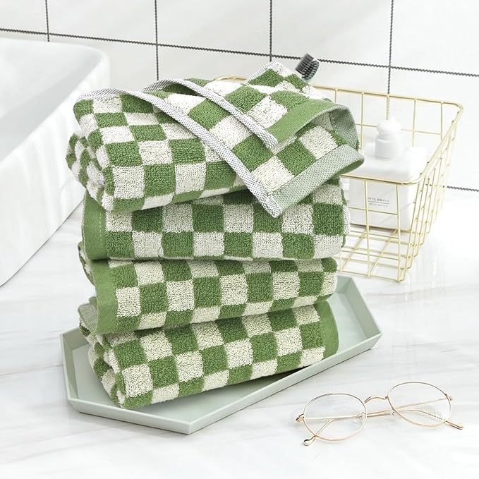 Jacquotha Green Hand Towels for Bathroom Set of 4, Cute Checkered | Bathroom Towels for Kitchen Decor, Lightweight for Bath Face Body