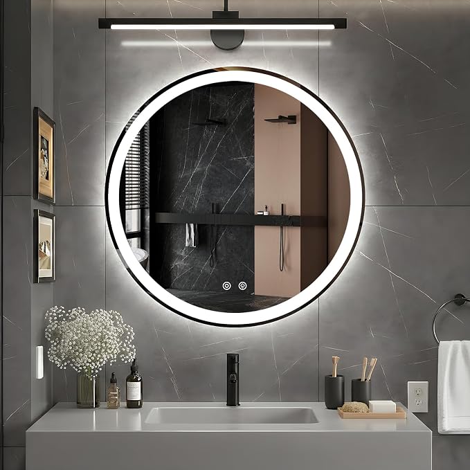 DUMOS 28 Inch Round LED Bathroom Mirror with Lights, Circle Vanity Mirror | Anti-Fog, Dimmable, 3-Color Light, Front Light and Backlit, Memory Function, Tempered Glass