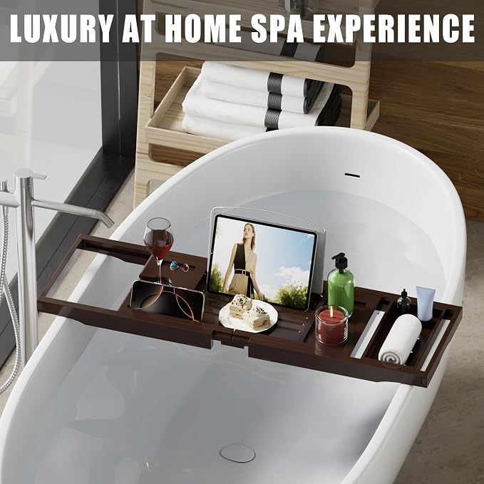 Foldable Bathtub Caddy Tray for Tub,Bamboo Expandable Bath Table Trays,Premium Bathroom Accessories for New Home & Mothers Day & Birthday Gifts for Couples,Brown