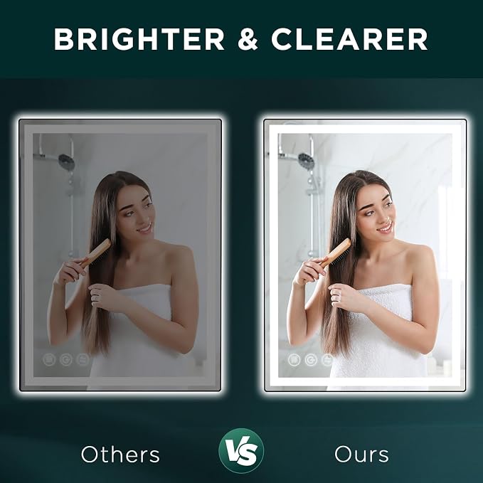 Memobarco 32" x 24" LED Bathroom Mirror with Lights, Memory Vanity Mirror | Anti-Fog, 3 Color Modes, Dimmable, Front Lit, Memory Function, Tempered Glass, Lighted Bathroom Mirror for Wall