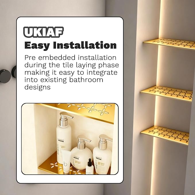 Brushed Orange-Gold Aluminum Material Shower Niche Shelf 12 Inch Rectangular Bathroom Niche Shelf with Floral Design Fits Prefabricated Tile Niches