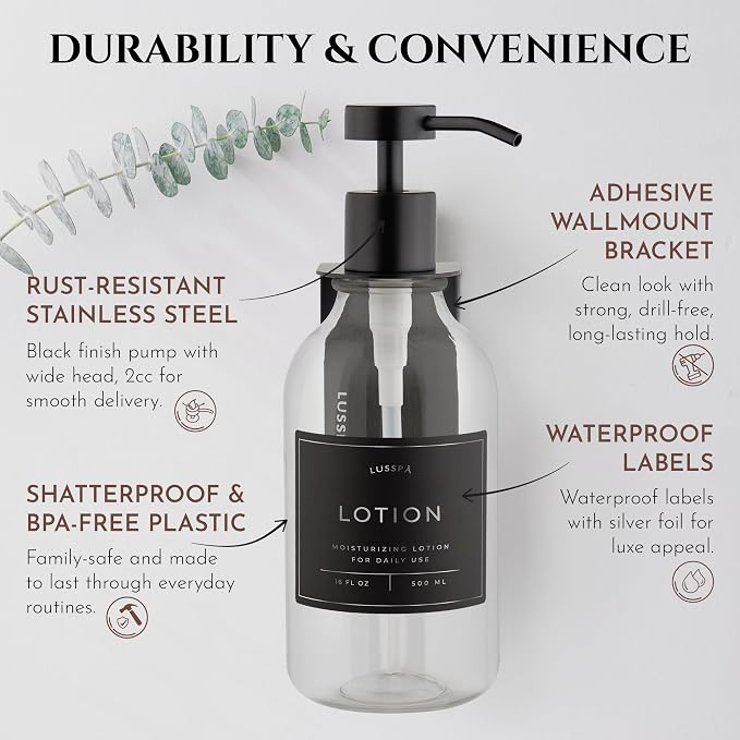 Shower Shampoo Dispenser Wall Mounted – Refillable 16.9 oz Clear Bottle with Stainless Steel Pump & No-Drill Adhesive Holder – Soap Dispenser for Bathroom (1 X Clear/Black)