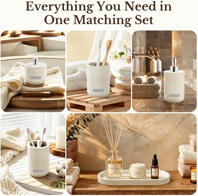 Cream Bathroom Accessory Set 5 Piece with Soap Dispenser, Storage Jar, Bathroom Counter Tray, Toothbrush Holder and Toothbrush Cup, Modern Stone-Effect Bathroom Countertop Decor Bath Sets