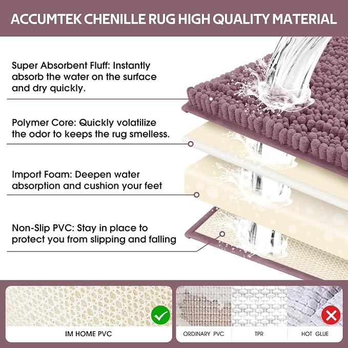 ACCUMTEK Upgrade Extra Large Mauve Bathroom Rug Set 3 Pieces Ultra Soft, Thick Absorbent Bath Mats, Non Slip Chenille Toilet Mat for Bathroom, Bedroom, Kitchen