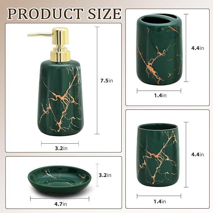 CERBIOR Bathroom Accessories Set,4 Pcs Ceramic Bathroom Accessory,Green | Includes Toothbrush Holder, Toothbrush Cup, Soap Dish for Decorative Countertop and Housewarming Gift