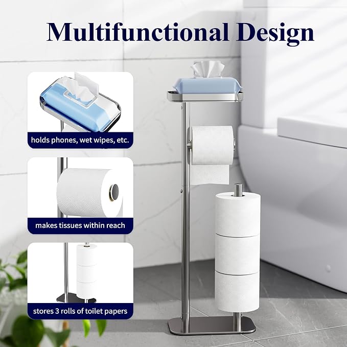 Kitsure Metal Toilet Paper Holder Free Standing, Medium, Chrome Silver | Rustproof Toilet Paper Stand for 4 Rolls, Bathroom Organizers and Storage with Anti-Slip Base and Plastic Shelf