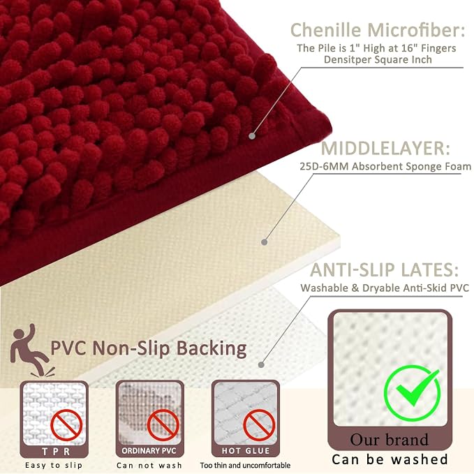 Bathroom Rugs Sets 2 Piece,Super Absorbent Soft,Thick,Machine Washable Chenille Bath Mat,Non Slip Toilet Floor Rug,Bath Mats for Bathroom,16x24 Plus 20x32 Shape,Burgundy