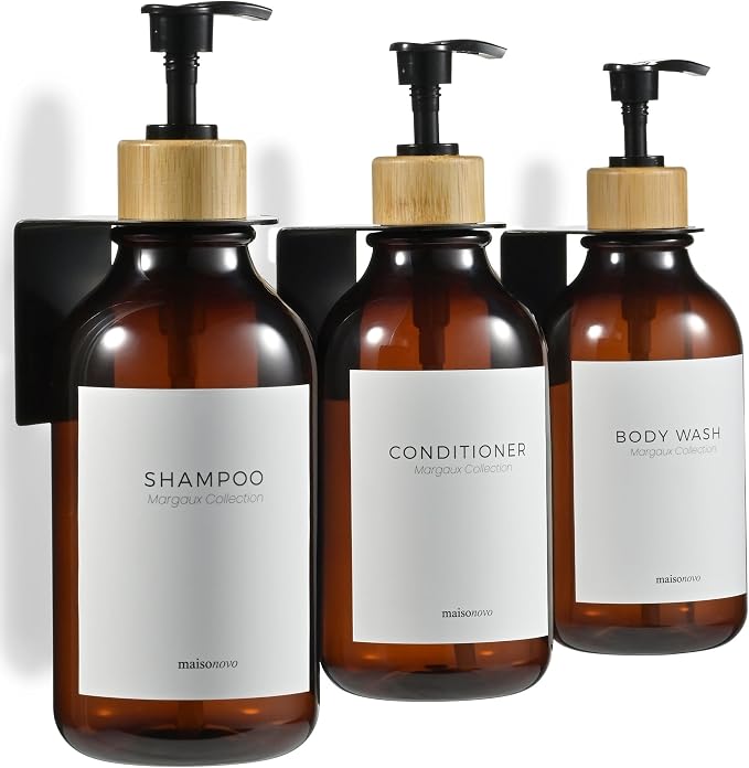 MaisoNovo Shampoo and Conditioner Dispenser|Refillable Amber Bamboo 3-Pack | 500 ml Shower Gel Dispenser Set of 3. Refillable Shampoo and Conditioner Bottles. Drill Free Secure Design. Amber Bamboo