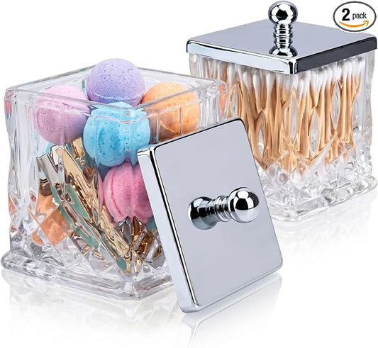 2 Pack Glass Qtip Holder Dispenser Set,Square Bathroom Apothecary Jars with Silver Metal Lid for Cotton Swabs,Balls, Pads, Floss Picks, Vanity Storage Container for Makeup,Candy, Jewelry(15 Oz, Clear)