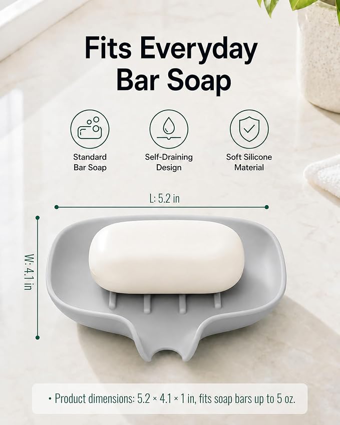 3 Pack Soap Bar Holder, AIMAIAIMAI Self Draining Soap Dish, Quick Drainage, Soap Dishes for Bathroom, Shower, Silicone Soap Tray for Kitchen, BPA-Free, Dishwasher Safe (Gray)