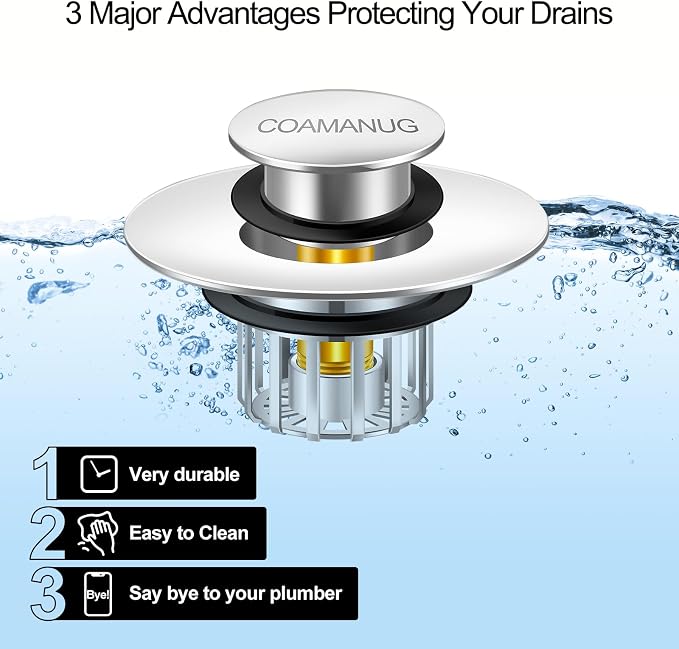 COAMANUG Bathtub Stopper | Shower Drain Hair Catcher, Pop-up Tub Stopper with Strainer | Pop-up Bathtub Drain Plug | Drai Protector for 1-1/2 to 1-3/4" Bath Drain Hole- Pearl Chrome
