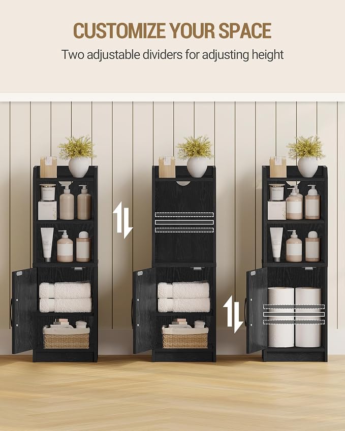 Hzuaneri Bathroom Storage Cabinet, Small Farmhouse Corner Floor Cabinet with Door and Shelves, Narrow Toilet Paper Holder Stand, Bathroom Organizer with Adjustable Shelf, for Small Spaces, Black