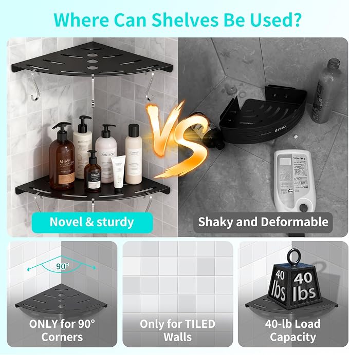 2 Pack Corner Shower Shelves, 304 Stainless Steel Corner Shelf Bathroom with 6 Hooks 40 lbs Heavy Duty, Durable for Inside Shower Brushed Nickel Drilling Installation(Black)