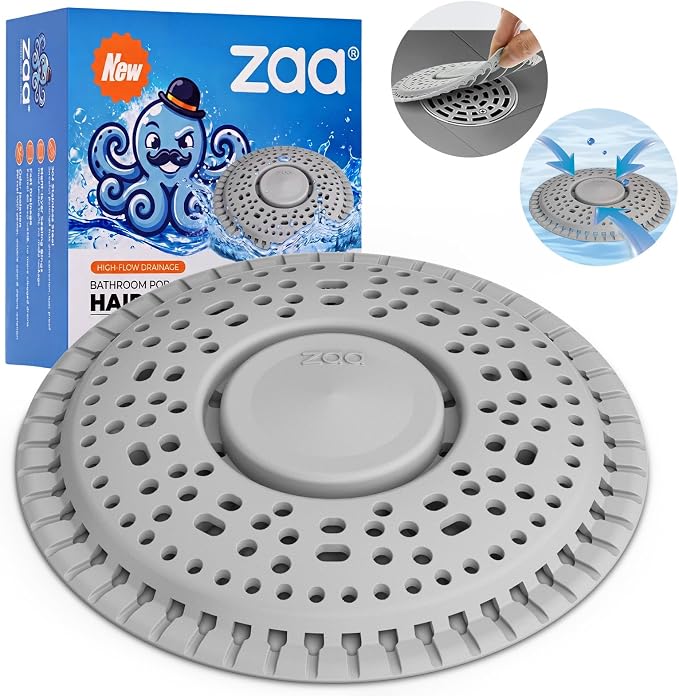 Shower Drain Hair Catcher Silicone Flat Floor Strainer Protector | Gray Weighted Flat Shower Drain Protectors, Traps Hair Before Clogs, Easy to Clean in Seconds, Fits Flat Floor Drains