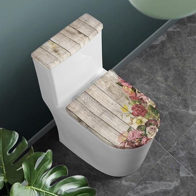 Toilet Seat Cover Toilet Tank Cover Wood Print Decoration Vintage Floral Seat Lid Decor Oval Elongated