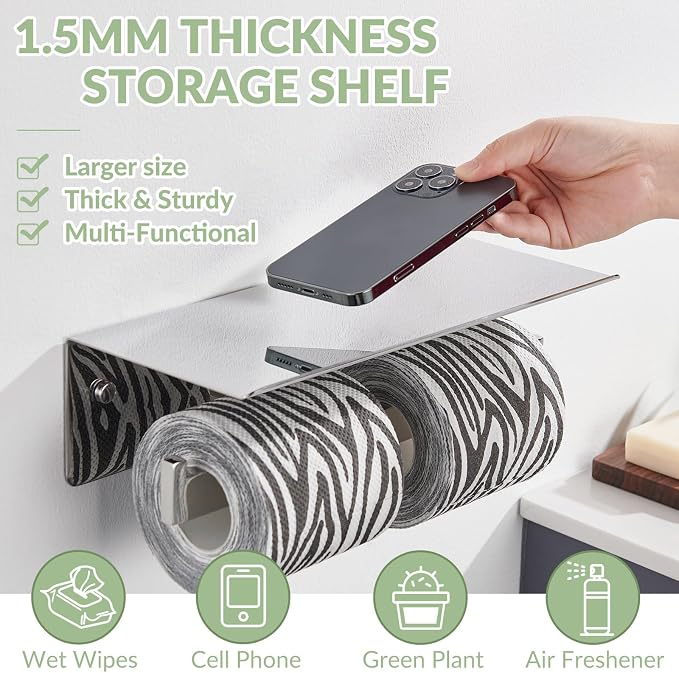 APLusee Double Toilet Paper Holder with Phone Shelf, 304 Stainless Steel Bathroom Tissue Hanger, Wall Mounted Dual Roll Paper Dispenser, Polished Chrome