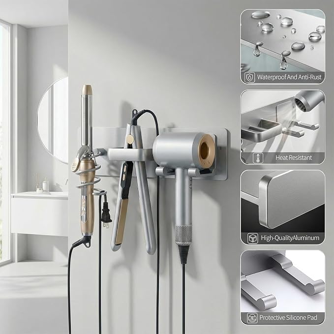 Hair Dryer Holder Hair Tool Organizer Metal Wall Mount (Silver) | Heat Resistant Hair Tool Organizer, Metal Wall Mount Storage, Bathroom Counter Space Saver, Blow Dryer Holder