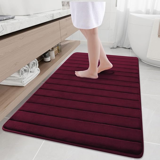Buganda Memory Foam Bath Mat 59 x 34, Ultra Soft Absorbent Bathroom Rugs | Burgundy, Machine Washable Quick Dry Bath Mats for Bathroom Floor, Shower and Tub, Home Decor Accessories
