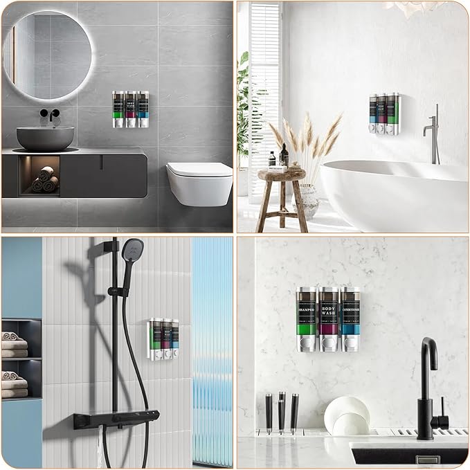 Shampoo and Conditioner Dispenser,Shower Dispenser 3 Chamber No Drill Wall-Mounted Shampoo Dispenser for Shower Wall Mounted Shower Soap Dispenser for Bathroom Hotel Large Capacity,Light Silver