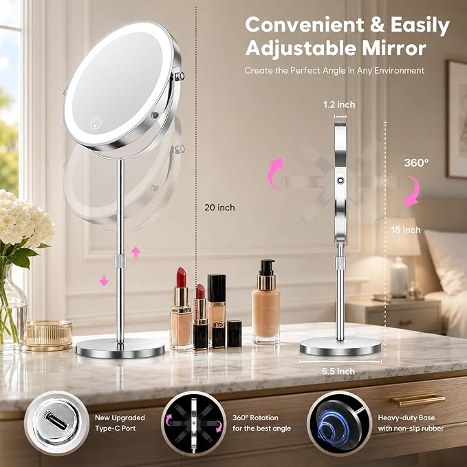 Dienmern Lighted Makeup Mirror, 1X/20X Magnifying Vanity Mirror with Lights | Double-Sided, 5000mAh Rechargeable, Adjustable Brightness, 3 Colors, 360° Rotation, for Dorm, Room, Women Gift