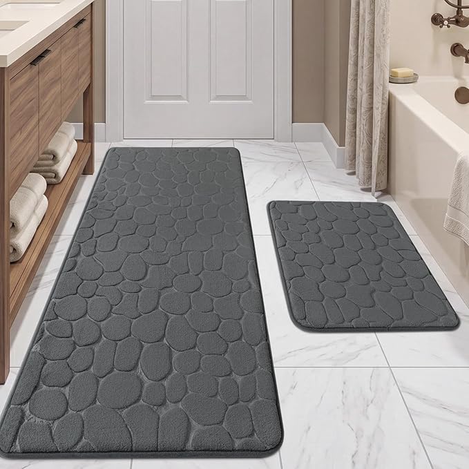YIHOUSE Bathroom Rugs Mat Set, Memory Foam Bath Mat 2 Piece Dark Grey | 17x24&20x46, Non Slip, Water Absorbent, Washable, Bath Mat For Bathroom, Sink and Toilet