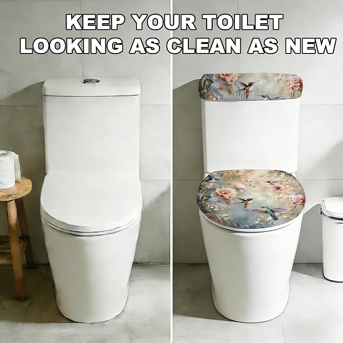 2 pack Toilet Lid Cover & Tank Lid Cover,Fits Standard & Elongated Toilet | Soft Stretchable Fabric,Machine Washable,Decorative Bathroom Protective Covers