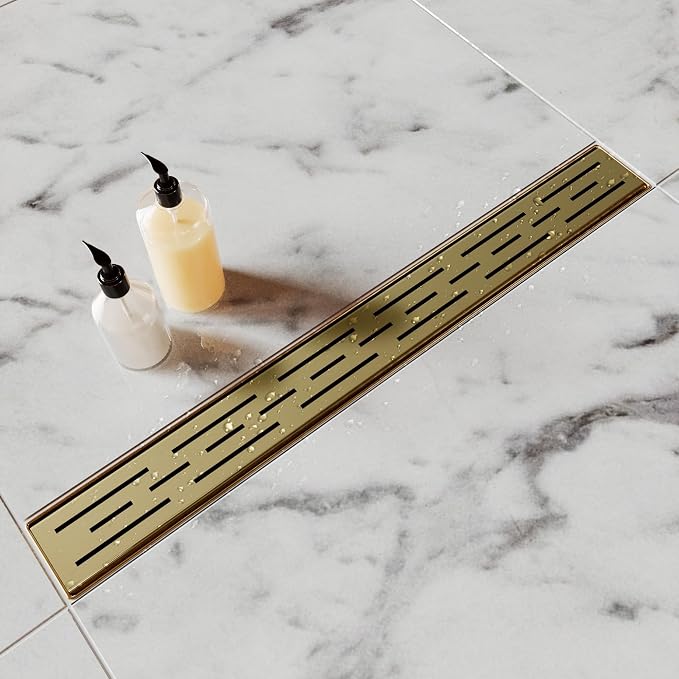 Brushed Titanium Gold Shower Drain 18 Inch, 304 Stainless Steel Linear Shower Drain with Removable Brick Pattern Grate - Adjustable Rectangular Shower Floor Drain with Hair Strainer, Linear Drain