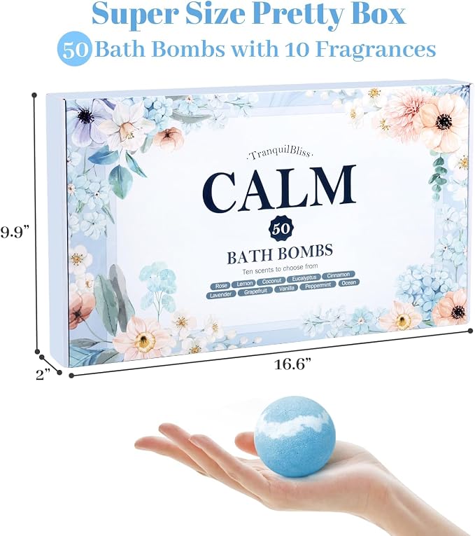 Bath Bombs Set 50 PCS with 10 Scents, Natural Bathbombs, Blue | With Shea Butter & Safe Oil, Bubble Bombs for Women, Ideal for Mother's Day, Valentine's Day, Christmas, Birthday Present
