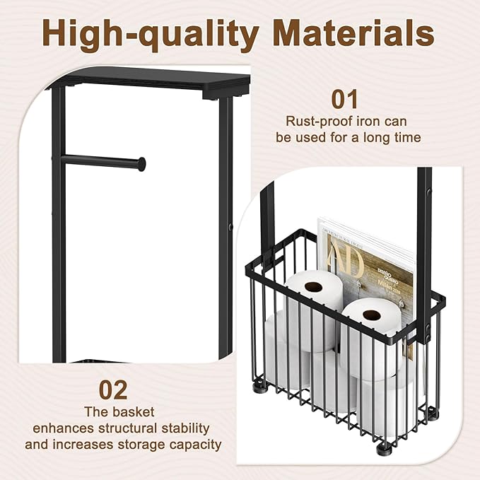 Free Standing Toilet Paper Holder with Storage Shelf – Bathroom Tissue Stand with Space for Phone, Wet Wipes and Magazines – All-in-One Toilet Roll Dispenser and Organizer Holds 4-6 Rolls