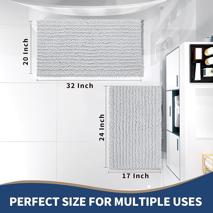 Yimobra Bathroom Rugs Sets 2 Piece - Quick Dry Extra Thick Luxury Chenille Bath Mat, Non Slip Super Absorbent for Tub Shower Sink, Machine Washable Shaggy Floor Mat, 32"x20"+24"x17" Inch, Silver