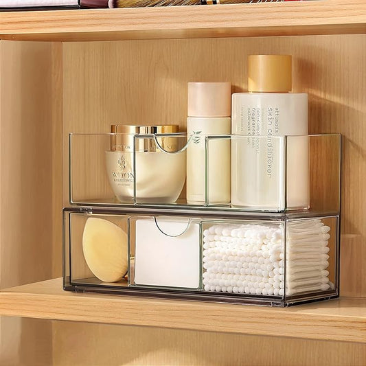 PAVSTINE Medicine Cabinet Organizer 2 Pack, Stackable Storage Drawers with Removable Divider, Make Up Organizer for Bathroom Mirror Cabinets, Vanity, Closet, Countertop - Clear