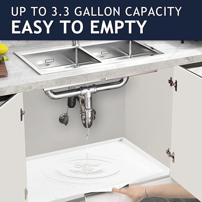 Heavy Duty Silicone Under Sink Mats for Kitchen Waterproof 37" x 19", Extra Thick Under Sink Rubber Mat Drip Tray, Raised Edge Under Sink Liner,Prevent Drips, Leaks, Spills,White