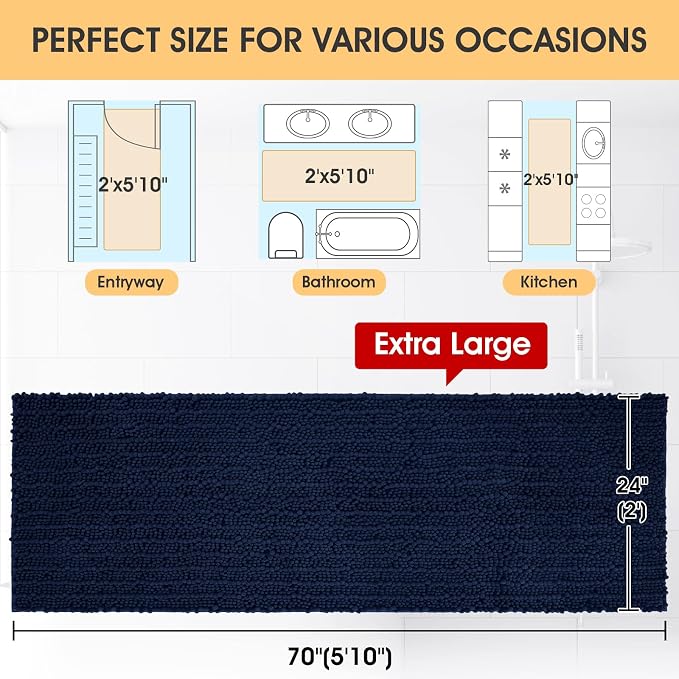 ACCUMTEK Extra Long Upgrade Luxury Navy Blue Bathroom Rug Mat 70"x24", Ultra Soft Thick Absorbent Bath Mats, Non Slip Chenille Toilet Mat for Bathroom, Bedroom, Kitchen, Shower, Tub