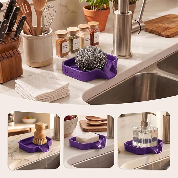MicoYang Silicone Soap Dish with Drain Spout, Self-Draining Sink Organizer Tray for Bathroom and Kitchen, Sponges, Dispensers and Soap Holder, Non-Slip and Dishwasher Safe, Purple (Compact, 4.9"×3.2")