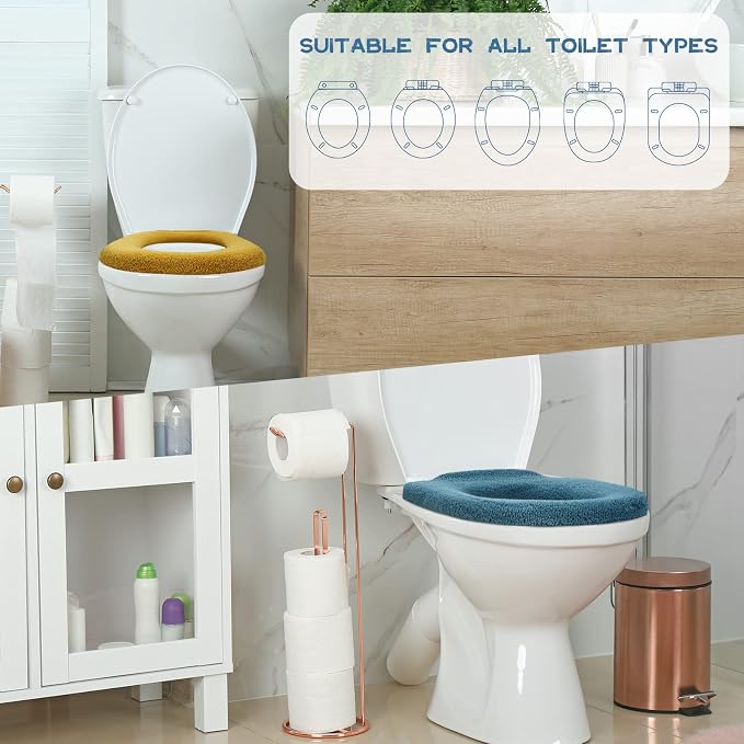Kingdder 8 Pcs Toilet Seat Cover Washable for Bathroom Elongated Toilet Seat Cushion Pads Soft Stretchable Toilet Seat Warmer Thicker Easy Installation Commode Seat Cover Decors, 8 Colors(Flat)
