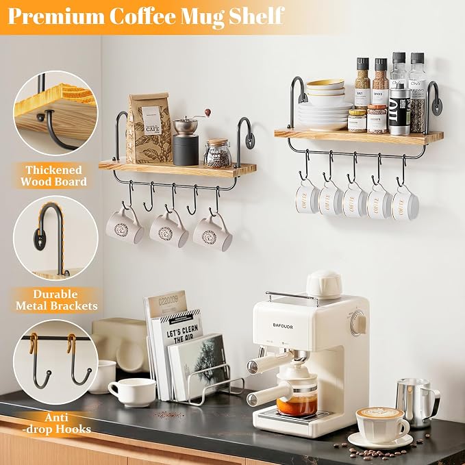 Olakee Floating Wall Shelves for Kitchen Bathroom Coffee Nook with 10 Adjustable Hooks for Coffee Mugs, Coffee Bar Organizer and Decor, Rustic Storage Shelves Set of 2