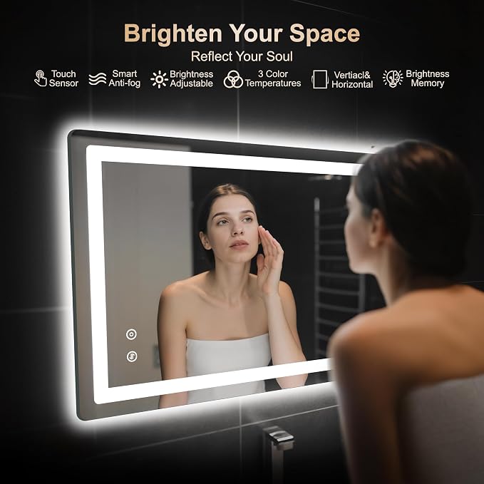 Delma 24x40 LED Bathroom Vanity Mirror with Lights, Anti-Fog, Dimmable | Front & Backlit with 3 Color Modes and Memory, 5mm Shatterproof Glass, Plug-in or Hardwired, Horizontal or Vertical