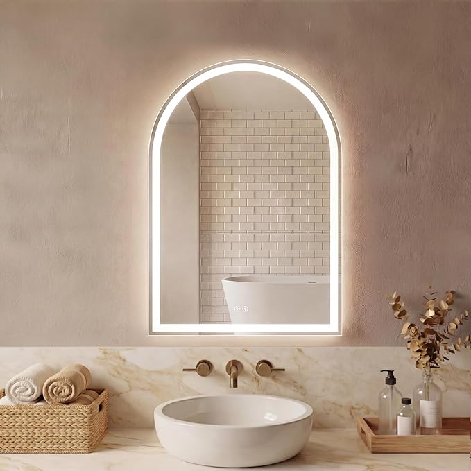 DUMOS 24"x32" LED Bathroom Mirror with Lights, Arched Vanity Mirror | Anti-Fog, Dimmable, 3-Color Light, Memory Function, Front Light and Backlit, Tempered Glass