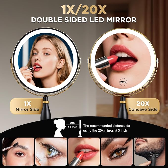 Lighted Makeup Mirror, 20x Magnifying - Matte Black with Gold Trim | Rechargeable Double Side Vanity Mirror, 3 Colors with Brightness Adjustable, Modern Style Side Touch & Charge, Women Gift