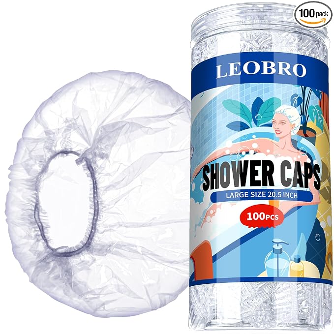 LEOBRO Large Disposable Shower Cap, 100PCS Shower Cap, Plastic Shower Caps for Women Disposable, Clear Thick Plastic Caps for Hair Treatment, Large Size 20.5 INCH