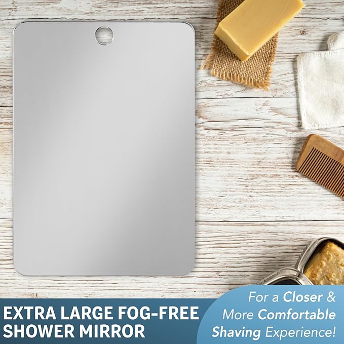 Shave Well X-Large Anti-Fog Shaving Mirror with Removable Adhesive Hook | XL Fogless Hanging Bathroom Shower Mirror with Handheld Option | Includes Long-Lasting Removable Adhesive Hook for Wall