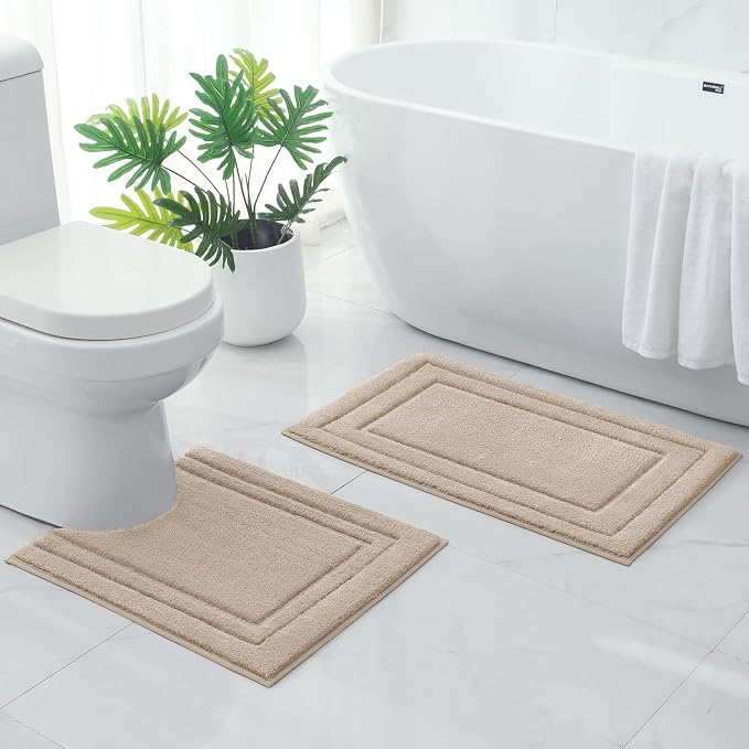 HOMEIDEAS Bathroom Rugs Sets 2 Piece, Super Soft and Absorbent Non Slip Microfiber U-Shaped Toilet Bath Mat Set (20"x32"+U20 x24, Beige) | Super Soft and Absorbent Non Slip Microfiber Bath Rug，Machine Washable, for Bathroom, 20"x32"+U Shape 20"x24"
