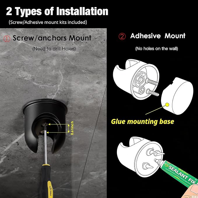 Hand held Shower Wand Holder - All Metal- 2 Ways Installation - Bathroom Wall mounted for Permanent Fixture, Minimal Shower bracket Holder - Matte Black