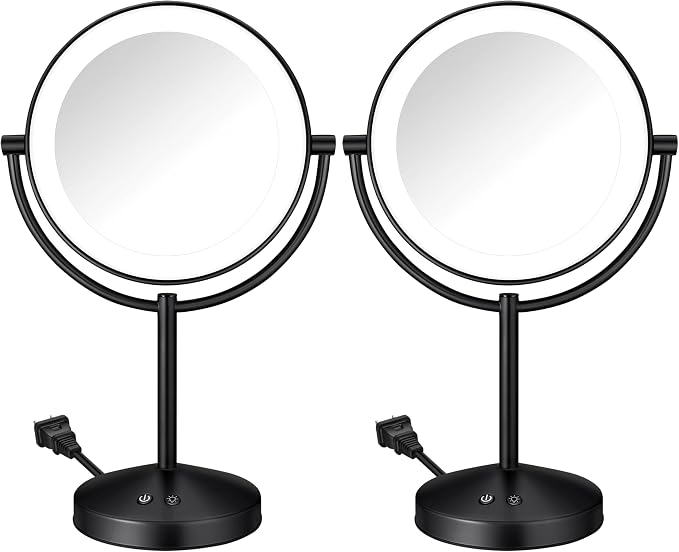 Conair Lighted Makeup Mirror, Double-Sided LED Vanity Mirror with 1X/10X Magnification, 3 Light Settings, 3 Modes, 360° Rotation, Matte Black Finish (Pack of 2)