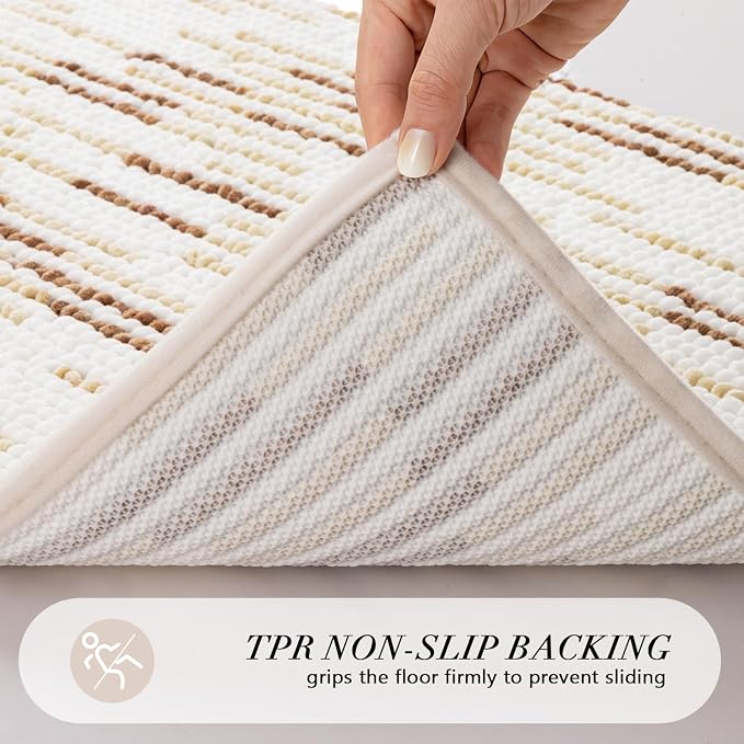 Bathroom Rugs Sets 2 Piece, Modern Bath Mat 20"x47"+20"x32", Beige | Loop Pile Chenille, Non Slip TPR Rubber Backing, Abstract Stripe, Soft Thick Absorbent Washable, Runner Rug for Bathroom